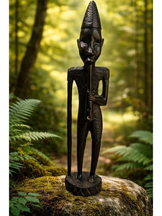 Unknown Other - African Tribal Carved Wood Figure Sculpture Flute Player Ebony 15"